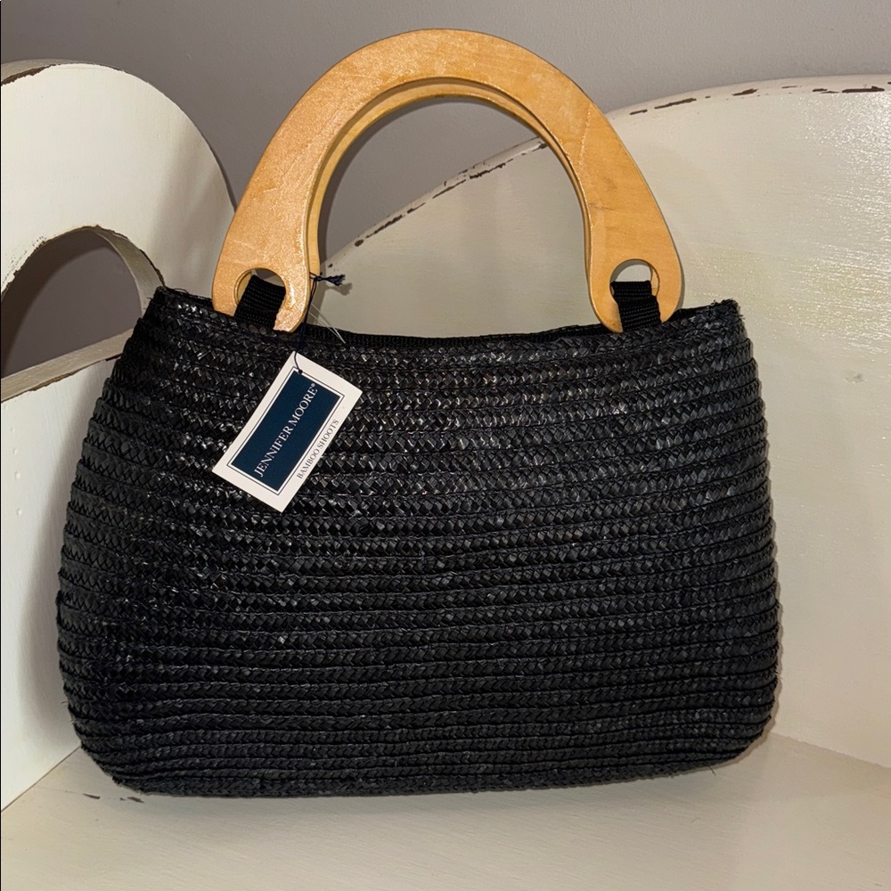 Vintage NWT-Jennifer Moore Black bamboo shoots Handbag with Wooden Handles
